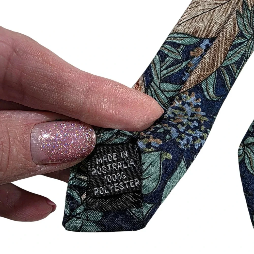 Australian Koala & Kangaroo Botanical Print Silk Necktie Blue‎ Green Handmade